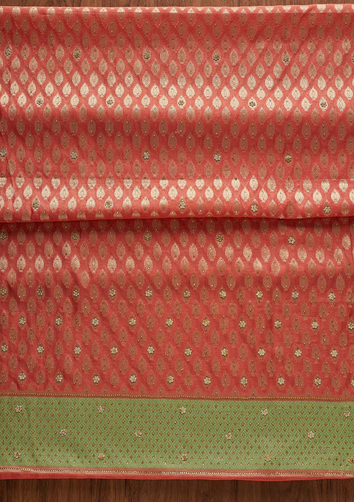 Peach Zariwork Brocade Designer Unstitched Salwar Suit - Koskii