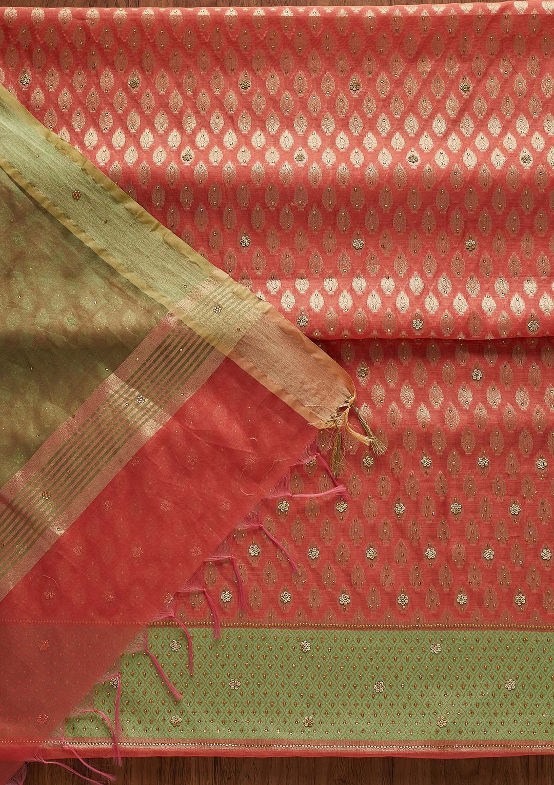 Peach Zariwork Brocade Designer Unstitched Salwar Suit - Koskii