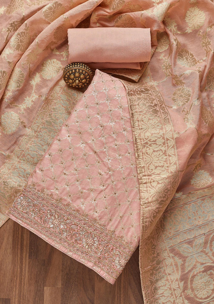 Peach Zariwork Brocade Unstitched Salwar Suit- Koskii