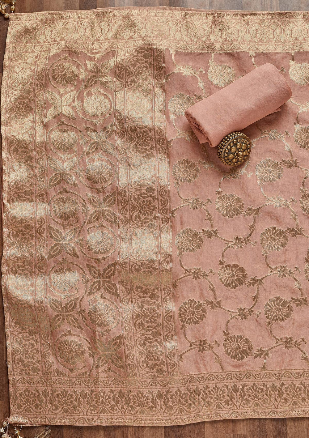 Peach Zariwork Brocade Unstitched Salwar Suit - Koskii