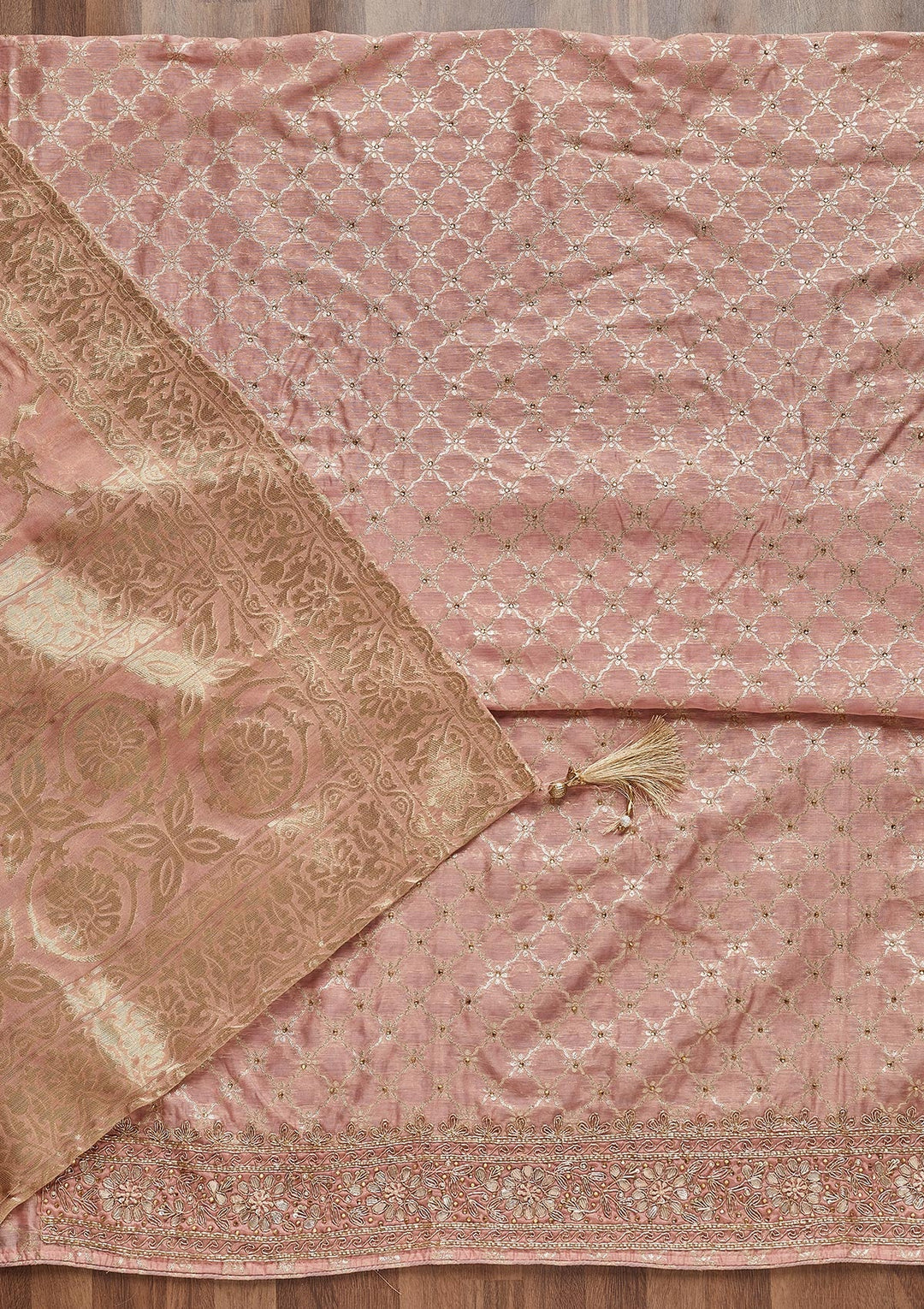 Peach Zariwork Brocade Unstitched Salwar Suit - Koskii