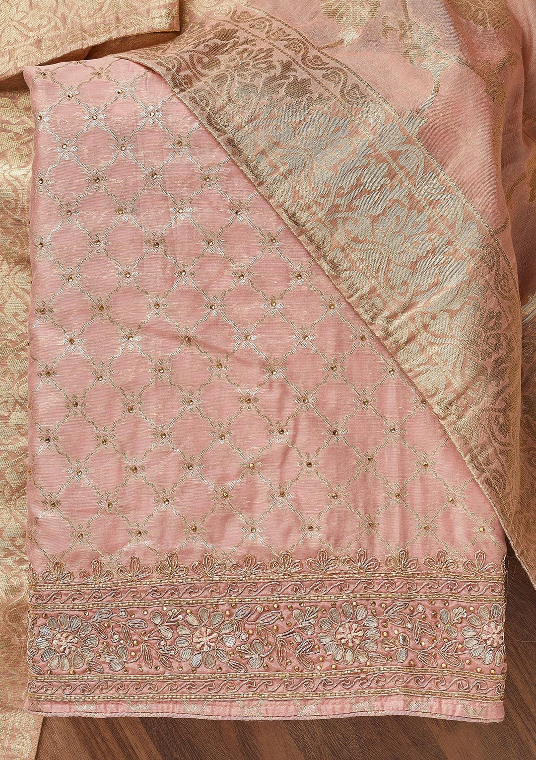 Peach Zariwork Brocade Unstitched Salwar Suit - Koskii