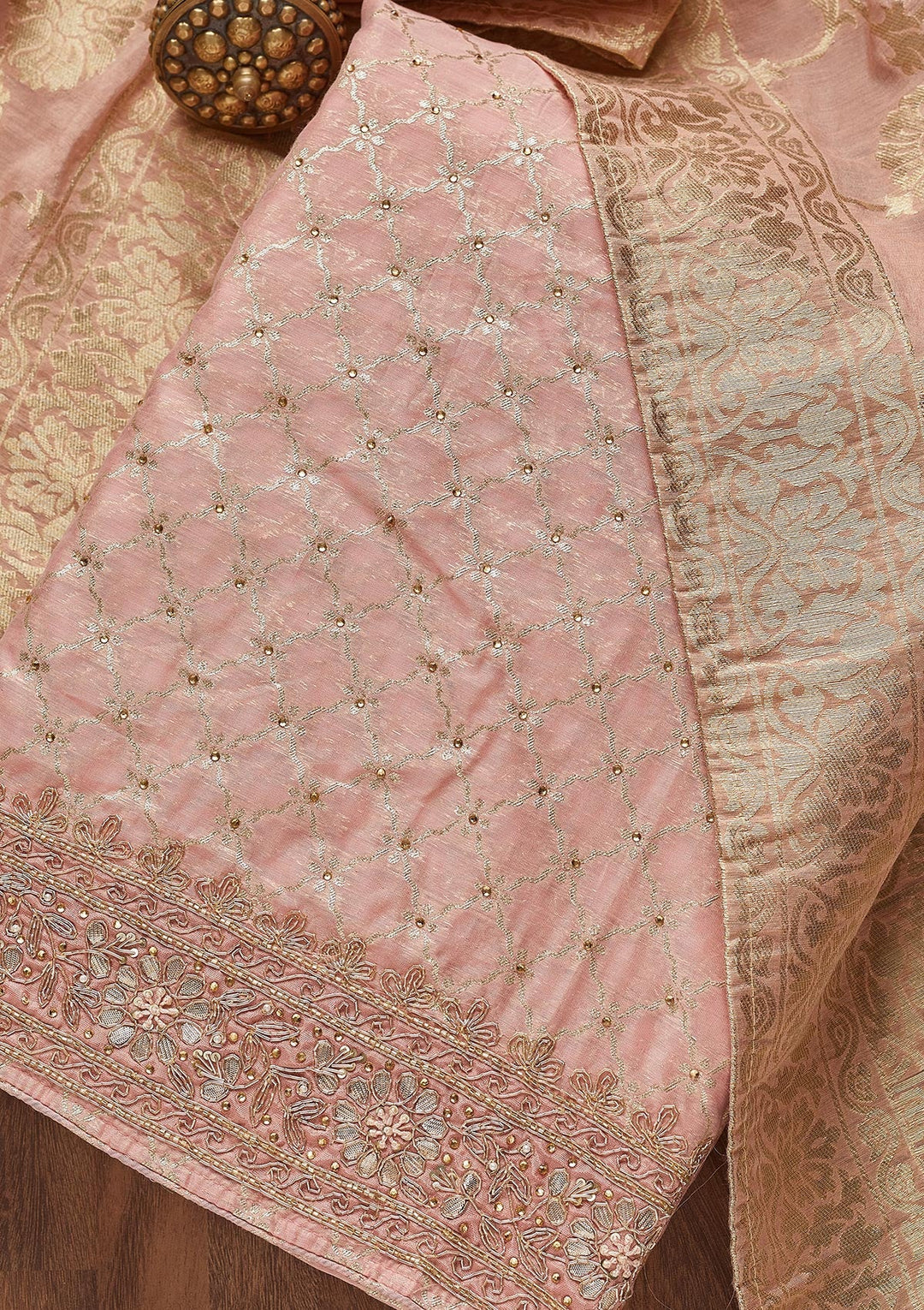 Peach Zariwork Brocade Unstitched Salwar Suit - Koskii