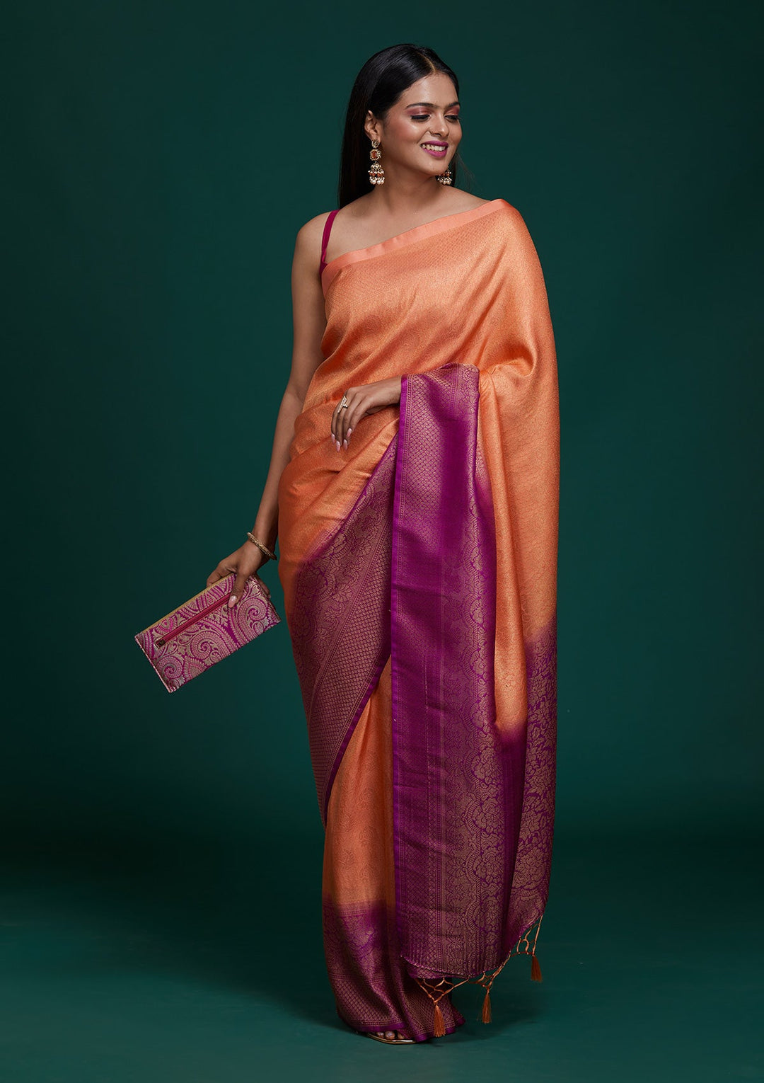 Peach Zariwork Brocade Saree - Koskii