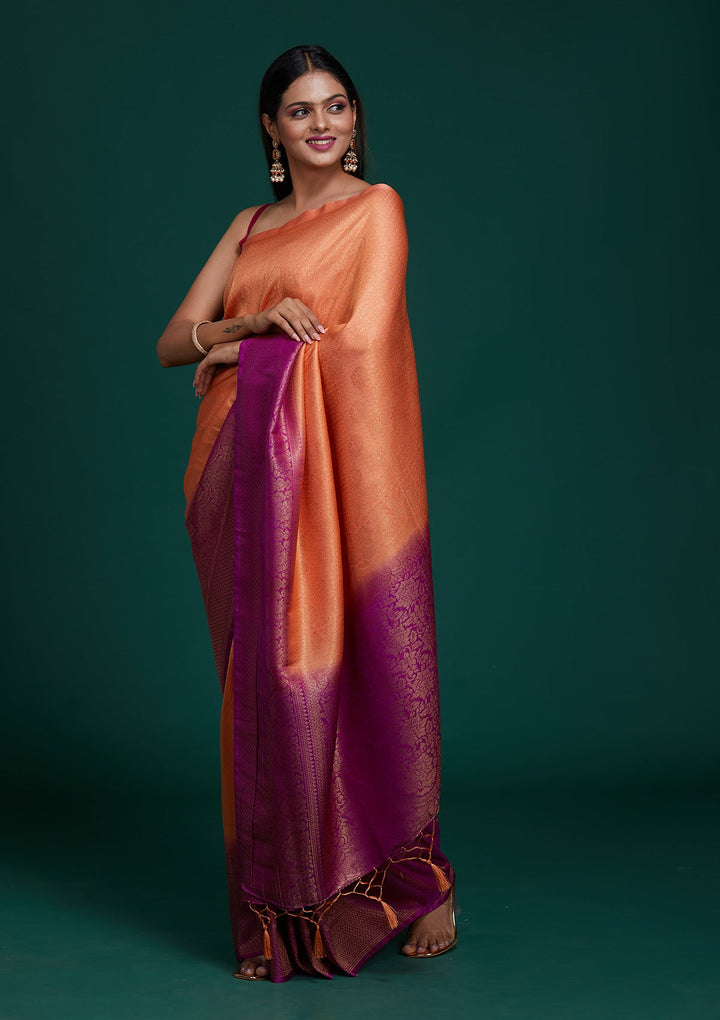 Peach Zariwork Brocade Saree - Koskii