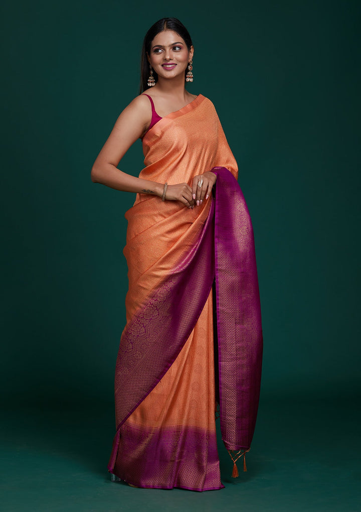 Peach Zariwork Brocade Saree - Koskii
