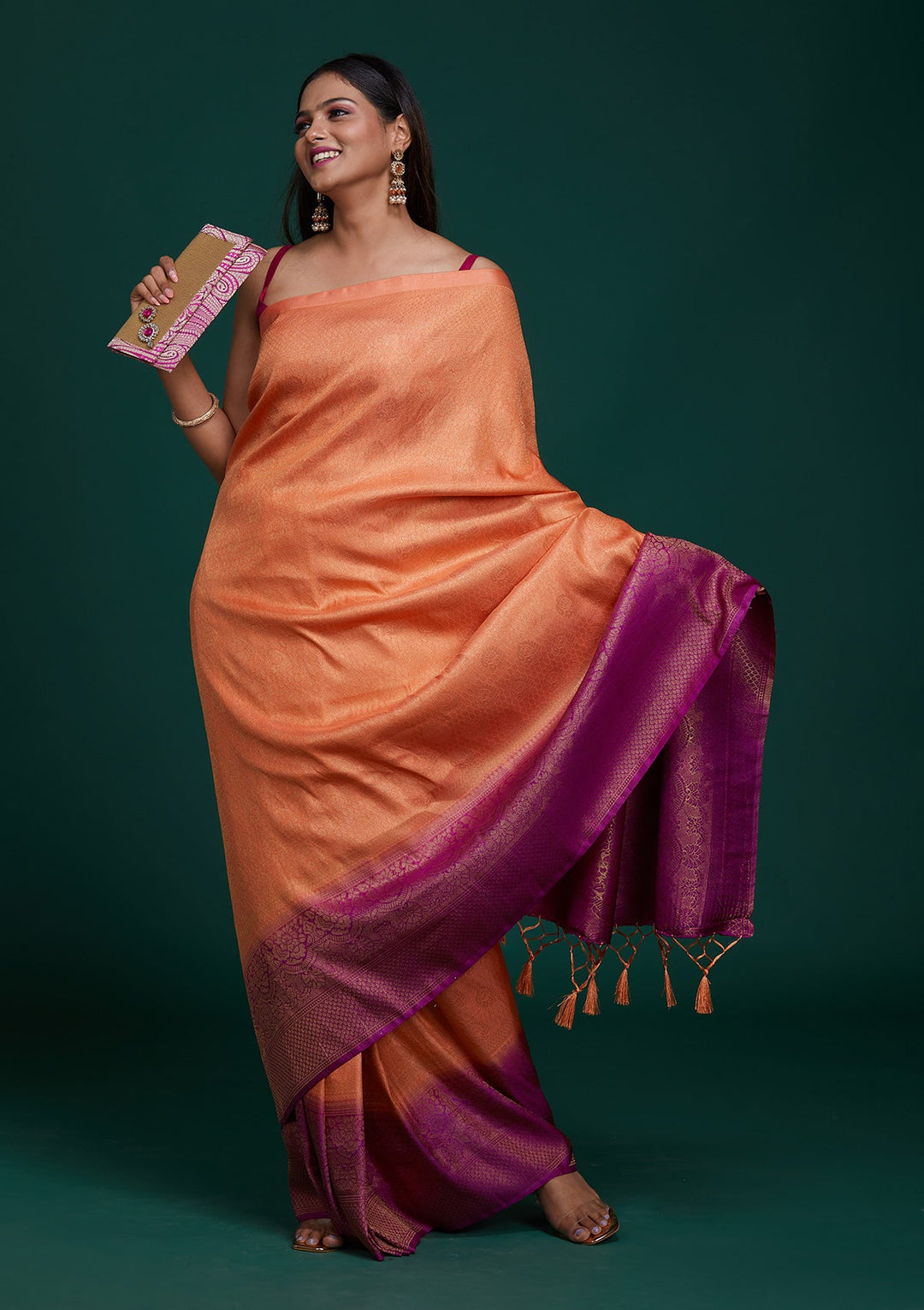 Peach Zariwork Brocade Saree - Koskii