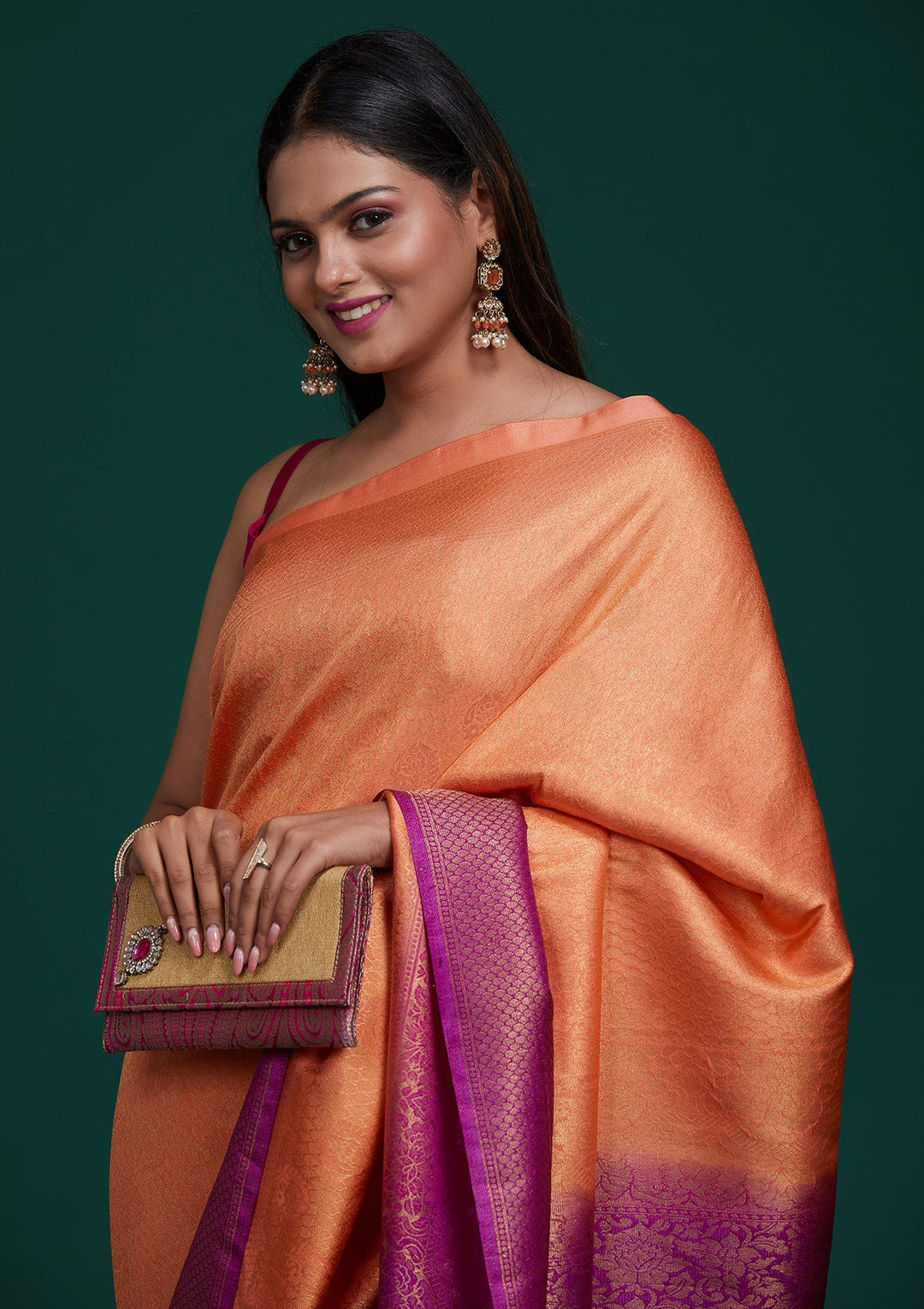 Peach Zariwork Brocade Saree - Koskii