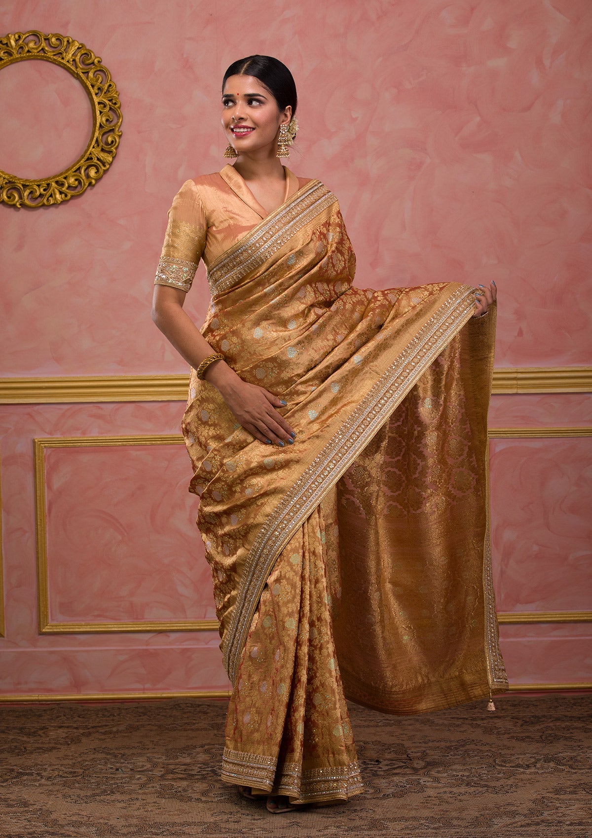 Peach Zariwork Brocade Saree-Koskii