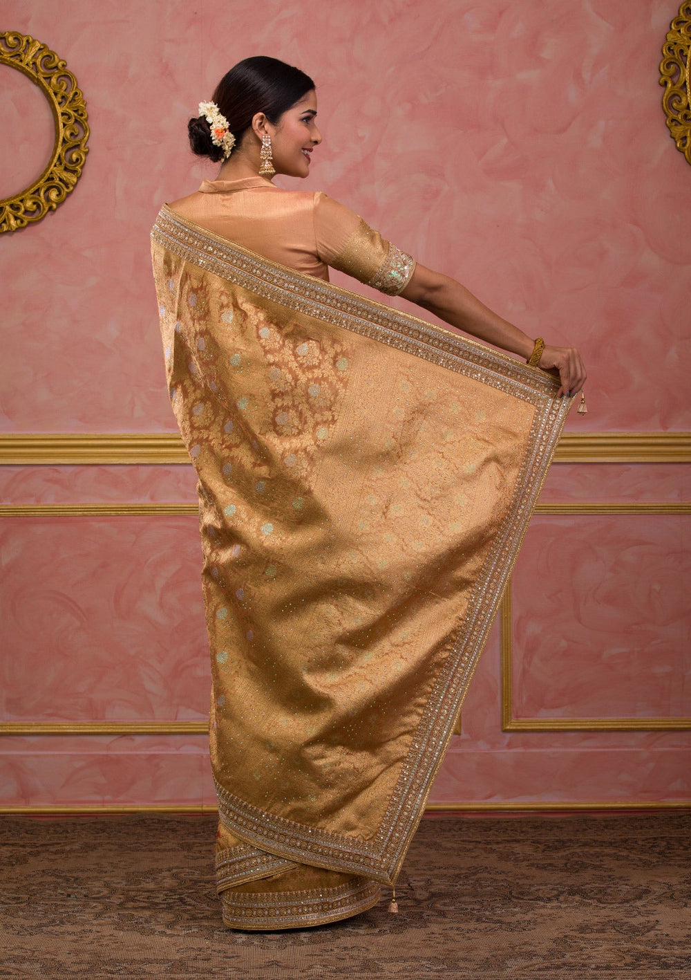 Peach Zariwork Brocade Saree-Koskii