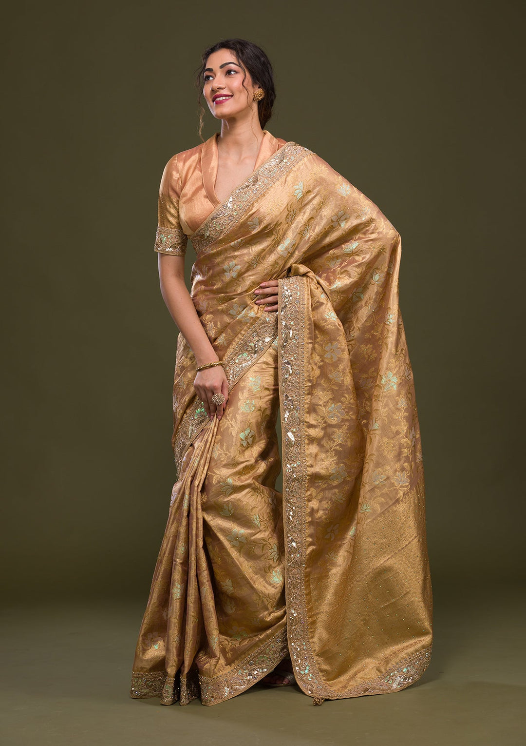 Peach Zariwork Brocade Saree-Koskii