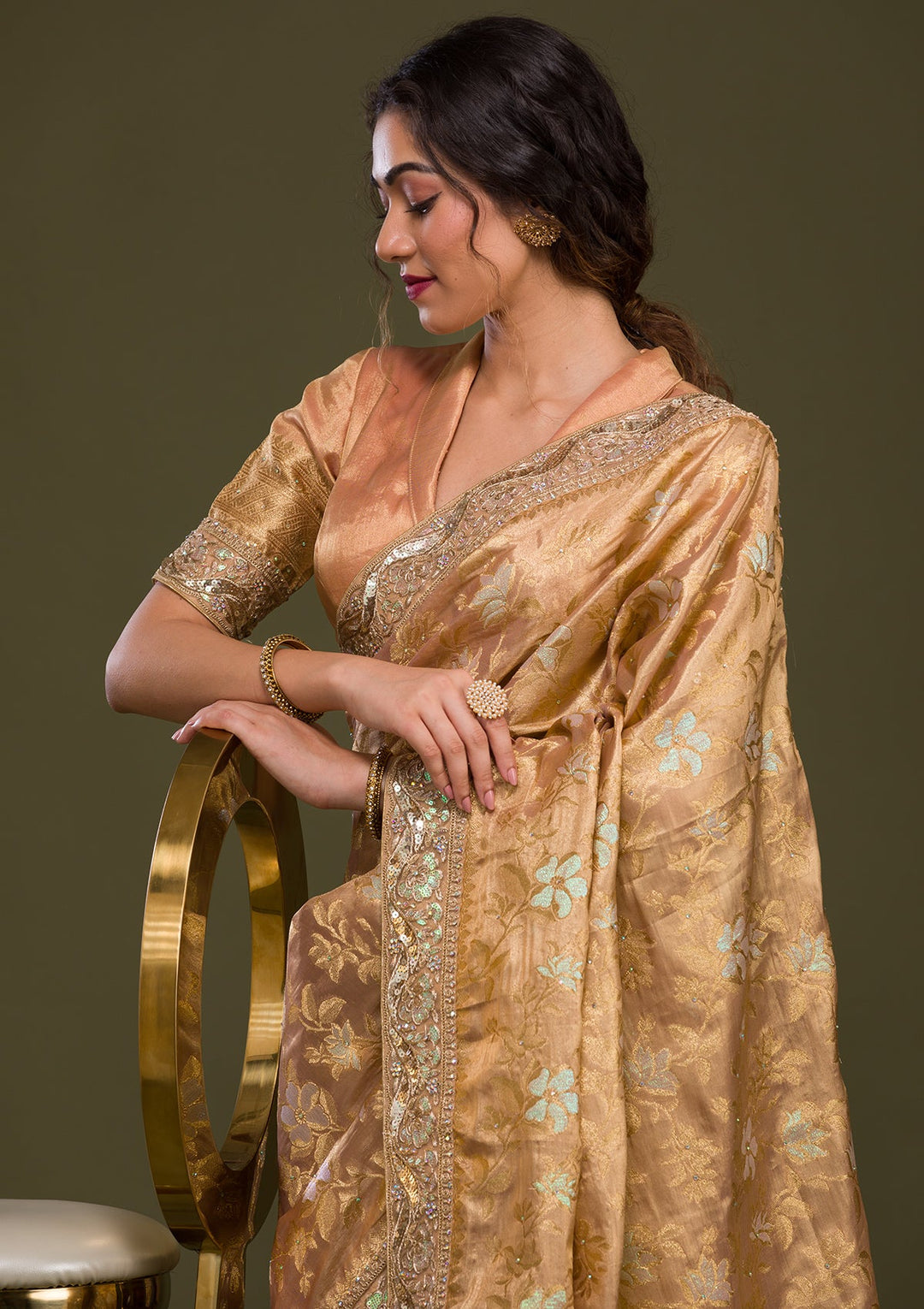 Peach Zariwork Brocade Saree-Koskii