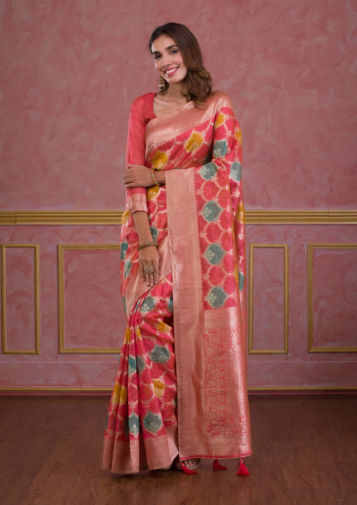 Peach Zariwork Brocade Saree-Koskii