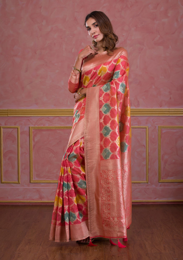 Peach Zariwork Brocade Saree-Koskii