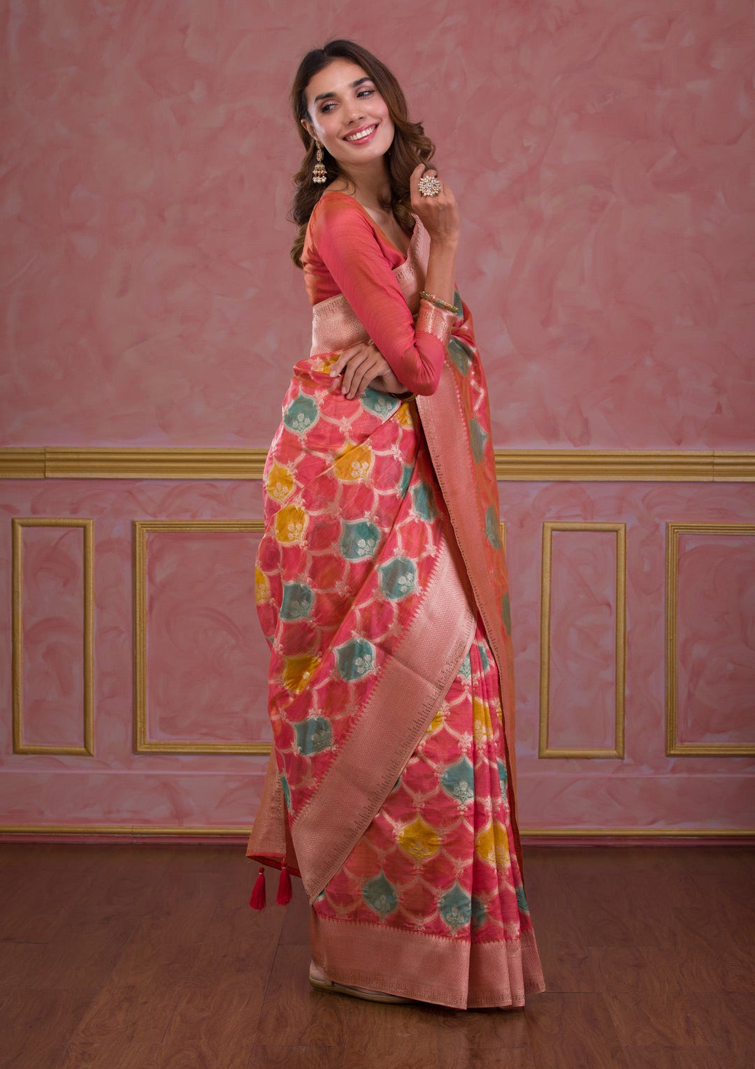 Peach Zariwork Brocade Saree-Koskii