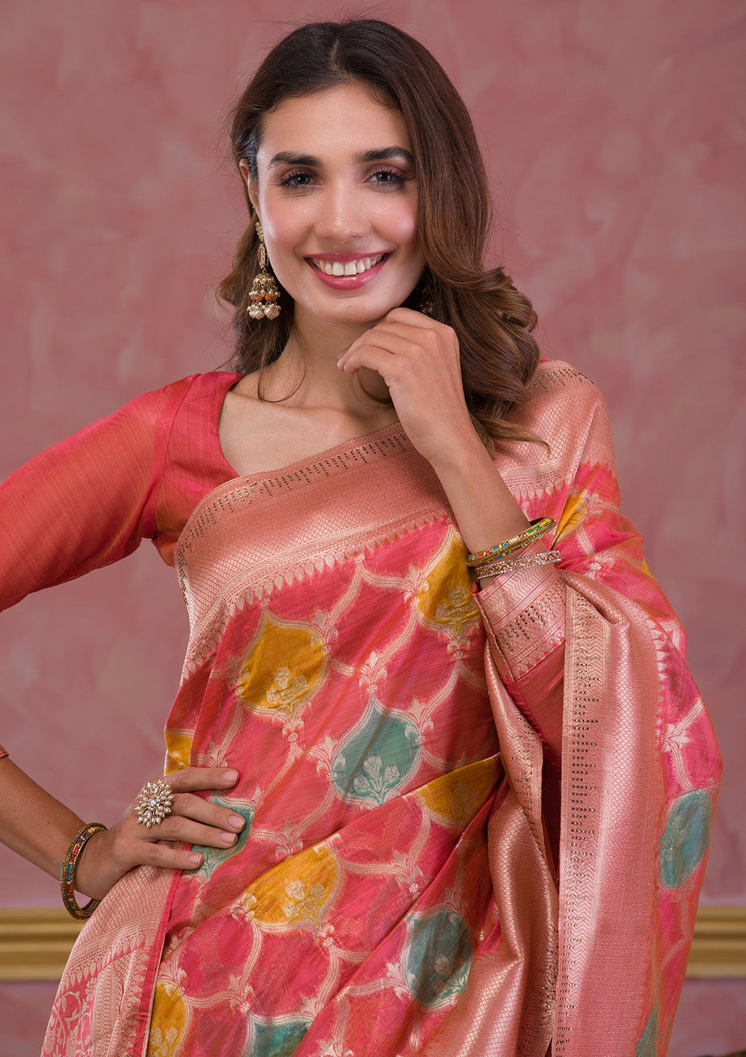 Peach Zariwork Brocade Saree-Koskii