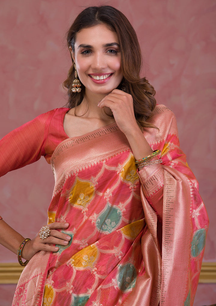 Peach Zariwork Brocade Saree-Koskii