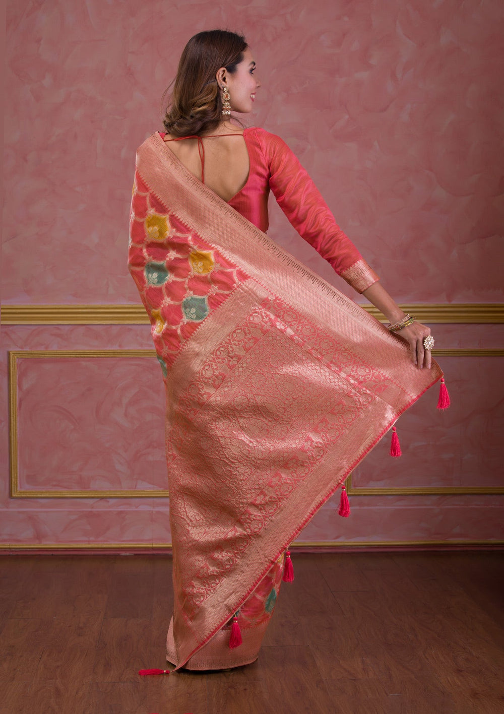 Peach Zariwork Brocade Saree-Koskii