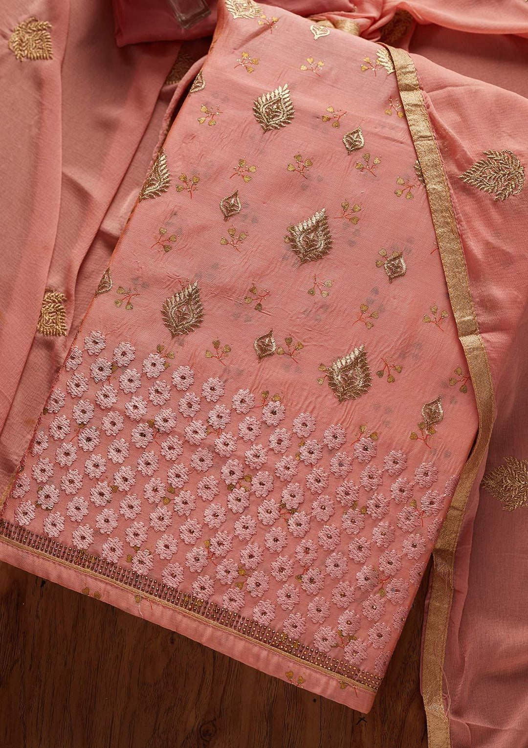 Peach Zariwork Chanderi Designer Unstitched Salwar Suit - koskii