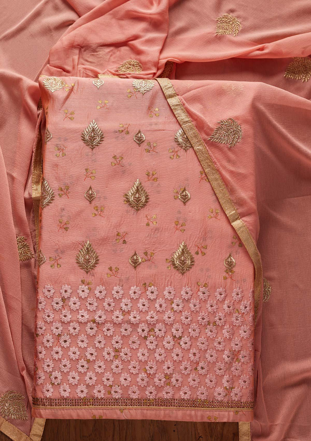 Peach Zariwork Chanderi Designer Unstitched Salwar Suit - koskii