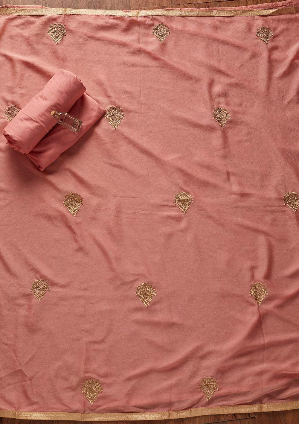 Peach Zariwork Chanderi Designer Unstitched Salwar Suit - koskii