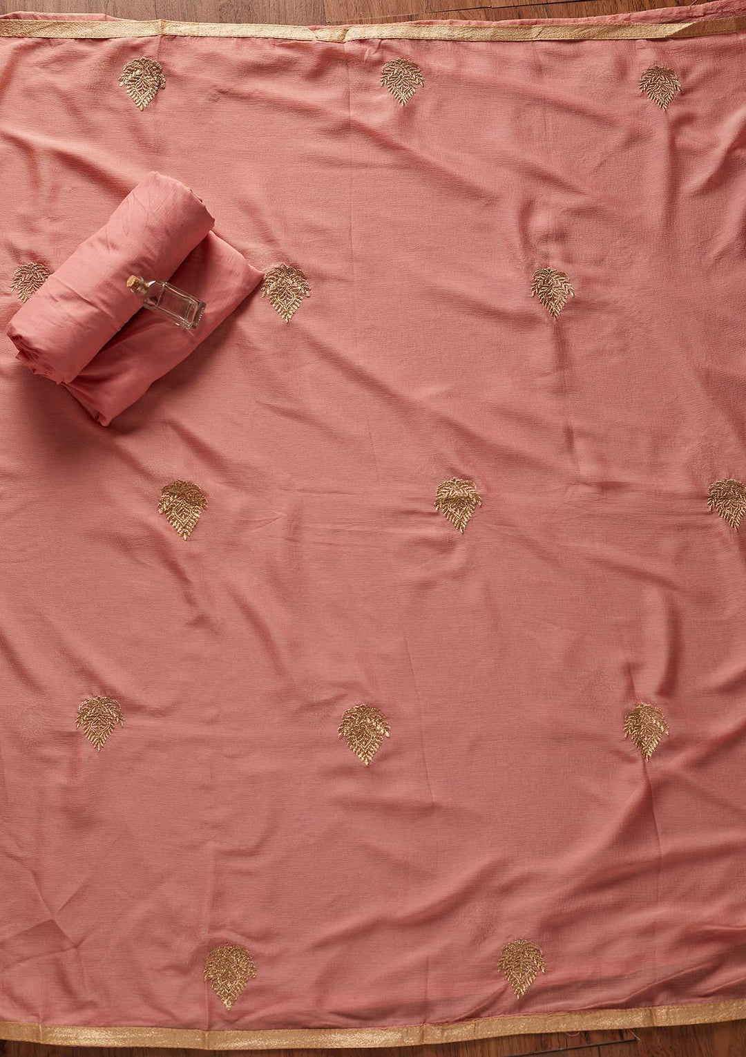 Peach Zariwork Chanderi Designer Unstitched Salwar Suit - koskii