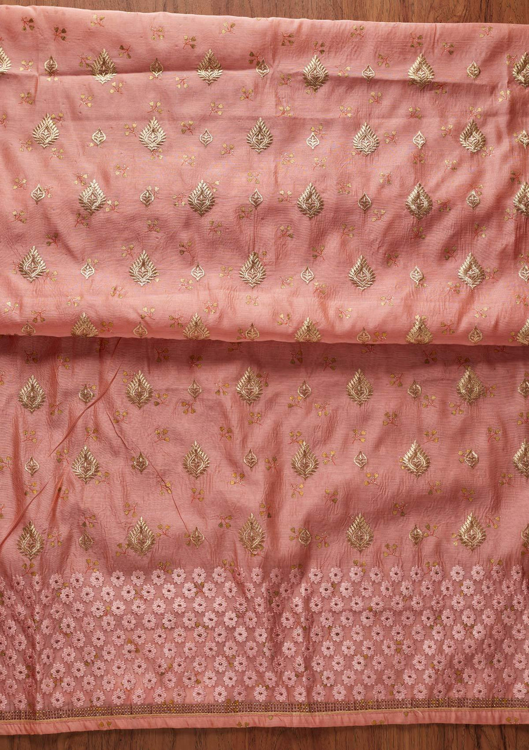 Peach Zariwork Chanderi Designer Unstitched Salwar Suit - koskii