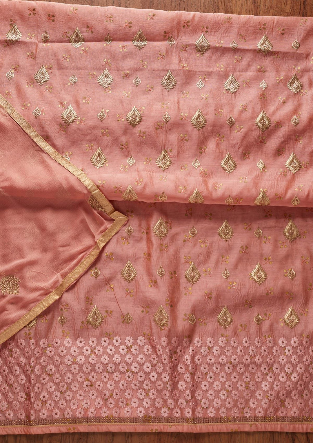Peach Zariwork Chanderi Designer Unstitched Salwar Suit - koskii