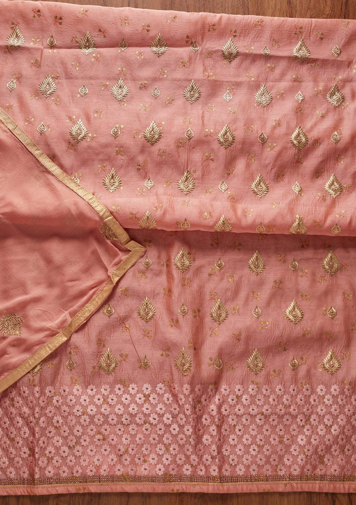 Peach Zariwork Chanderi Designer Unstitched Salwar Suit - koskii