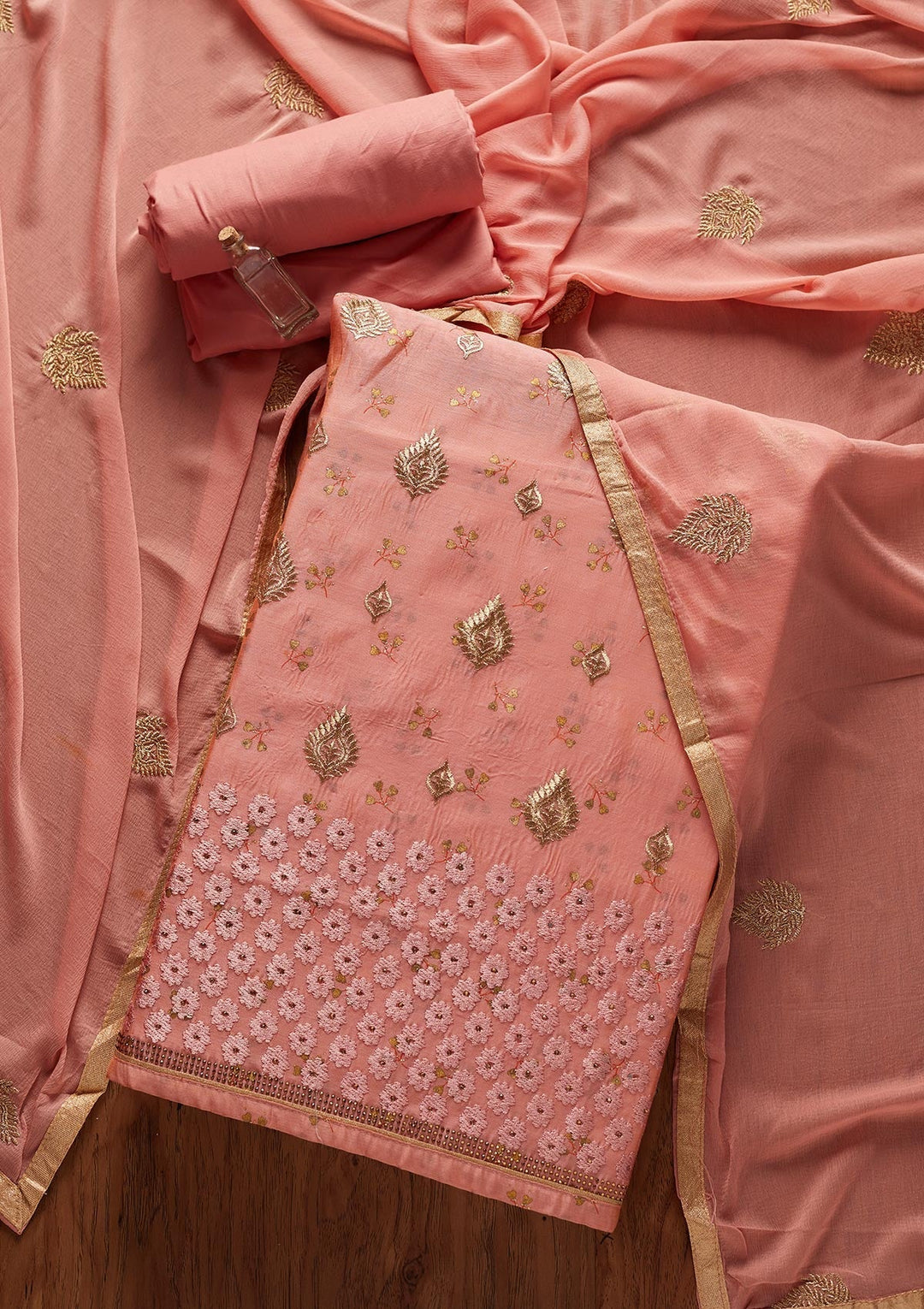 Peach Zariwork Chanderi Designer Unstitched Salwar Suit - koskii