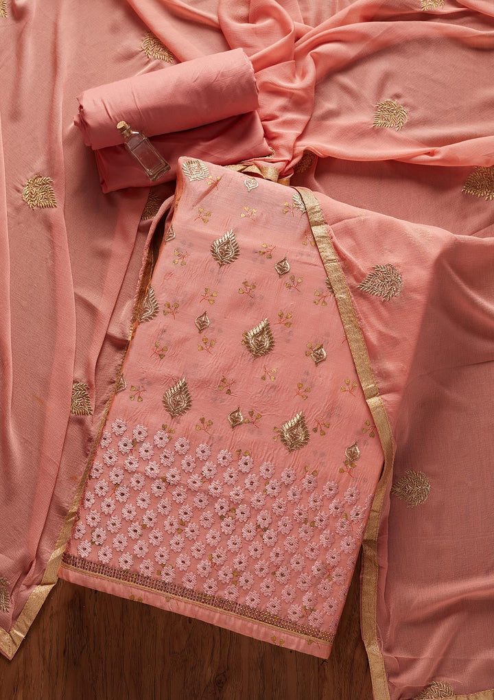 Peach Zariwork Chanderi Designer Unstitched Salwar Suit - koskii