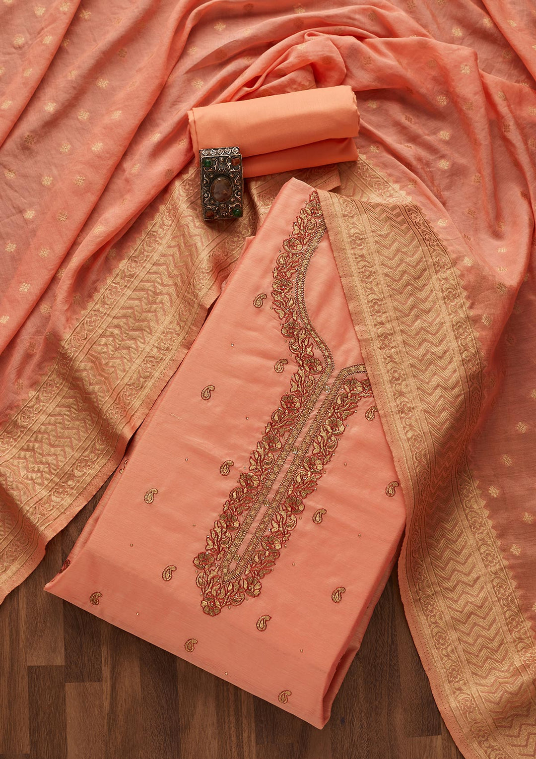 Peach Zariwork Chanderi Designer Unstitched Salwar Suit - Koskii