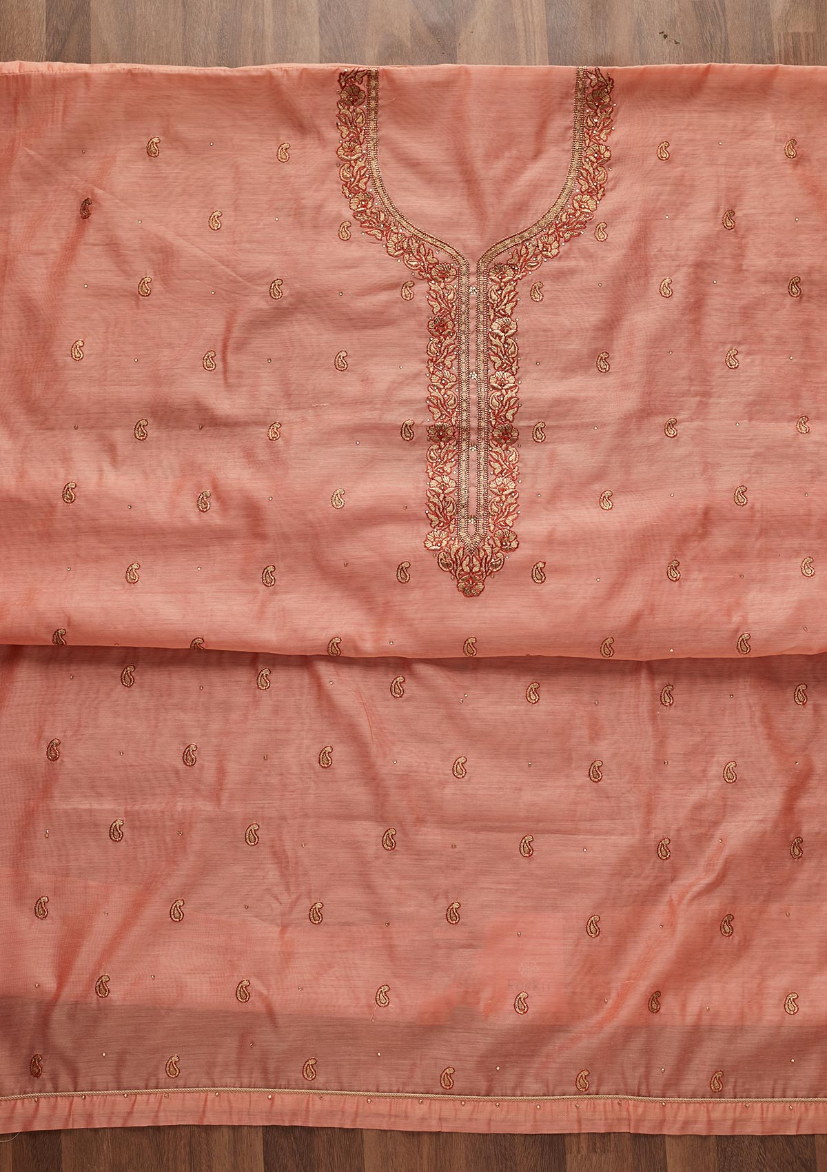 Peach Zariwork Chanderi Designer Unstitched Salwar Suit - Koskii