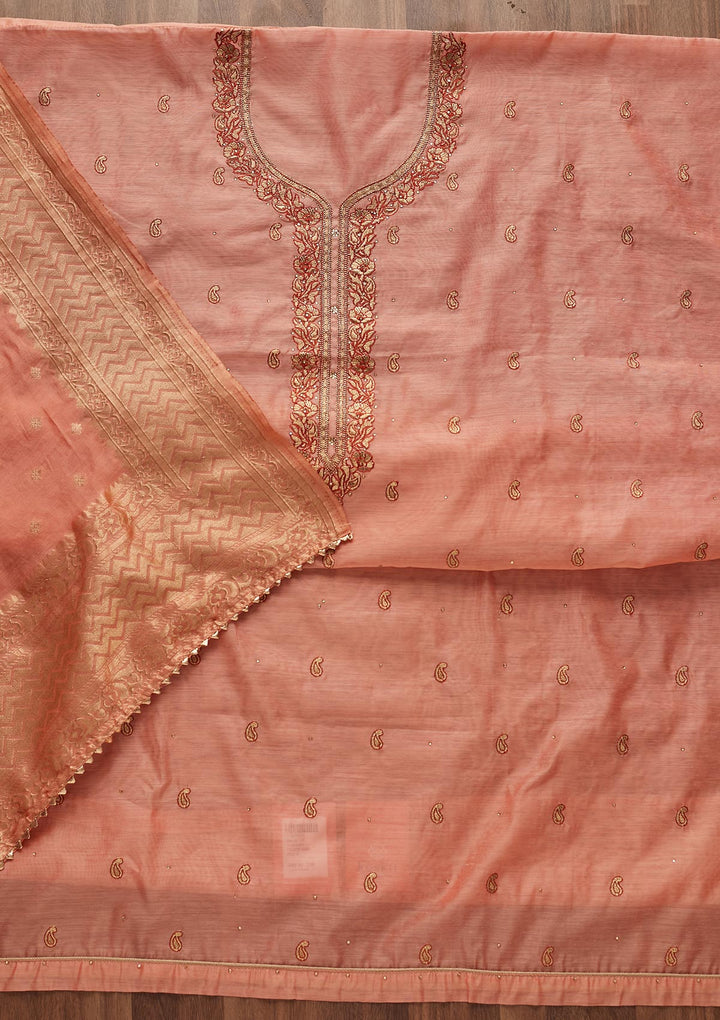 Peach Zariwork Chanderi Designer Unstitched Salwar Suit - Koskii