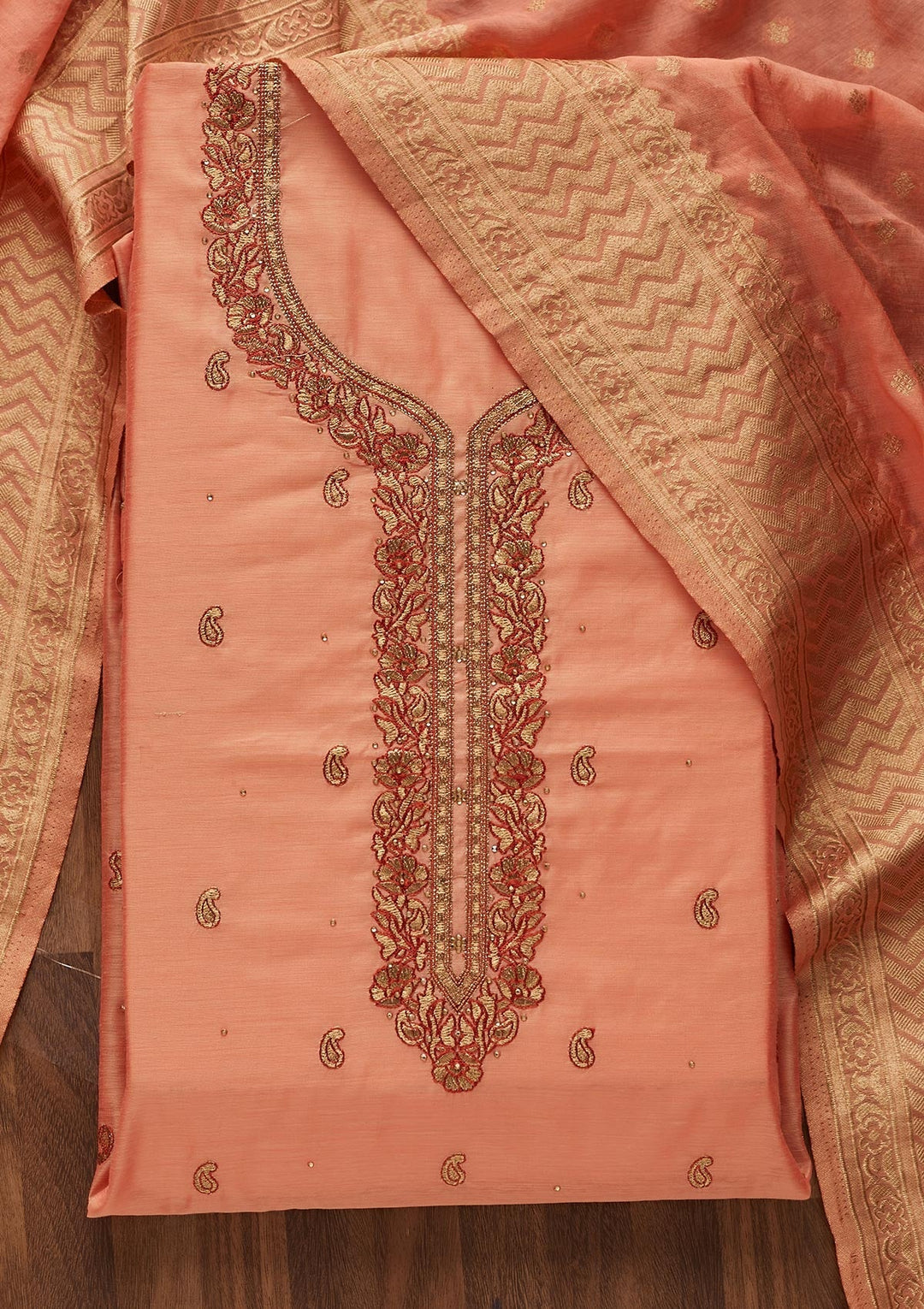 Peach Zariwork Chanderi Designer Unstitched Salwar Suit - Koskii