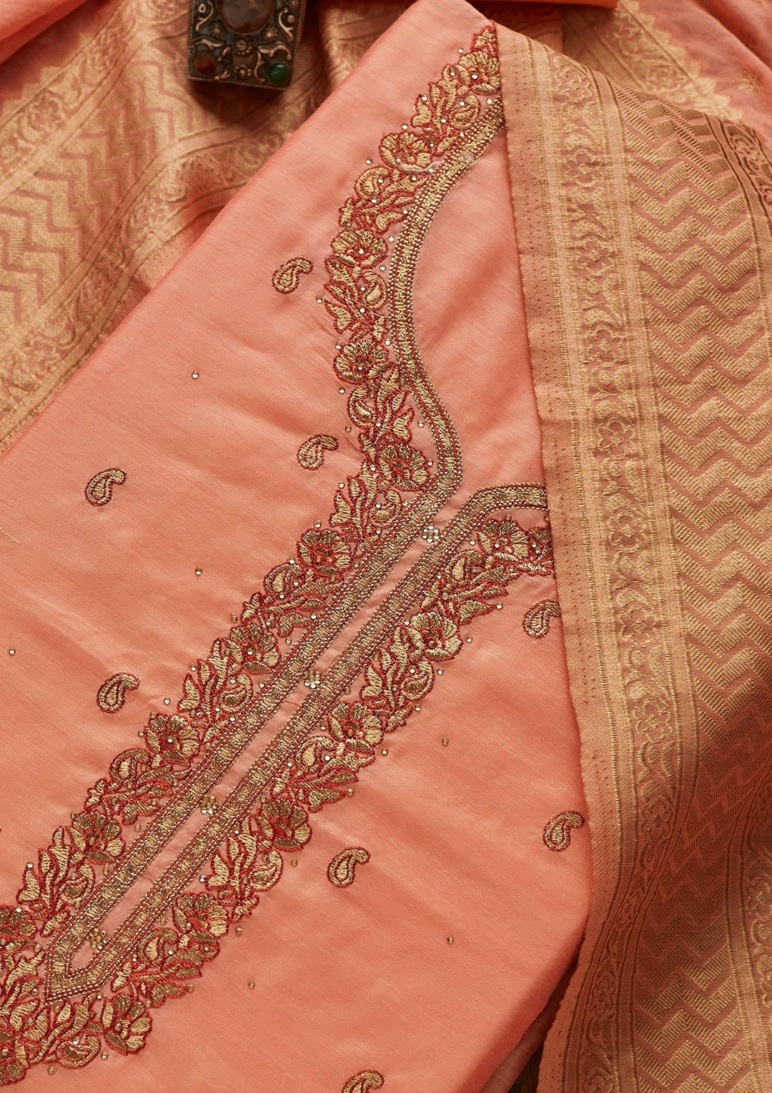 Peach Zariwork Chanderi Designer Unstitched Salwar Suit - Koskii