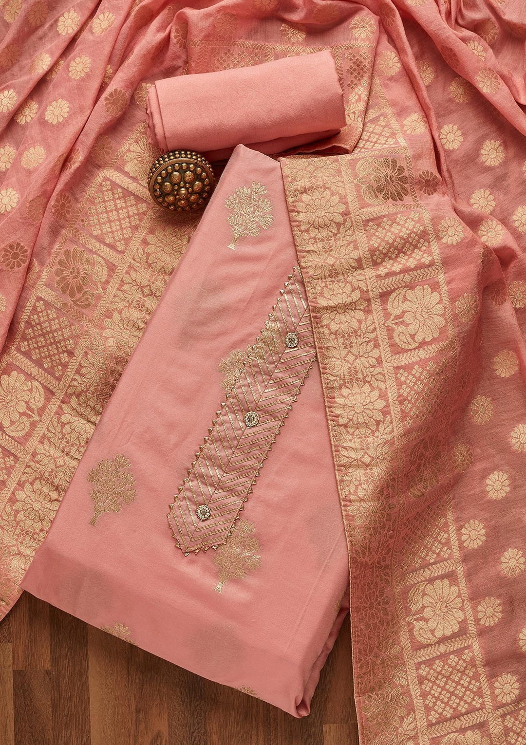 Peach Zariwork Chanderi Unstitched Salwar Suit- Koskii