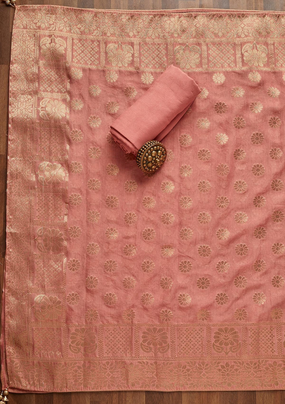 Peach Zariwork Chanderi Unstitched Salwar Suit - Koskii