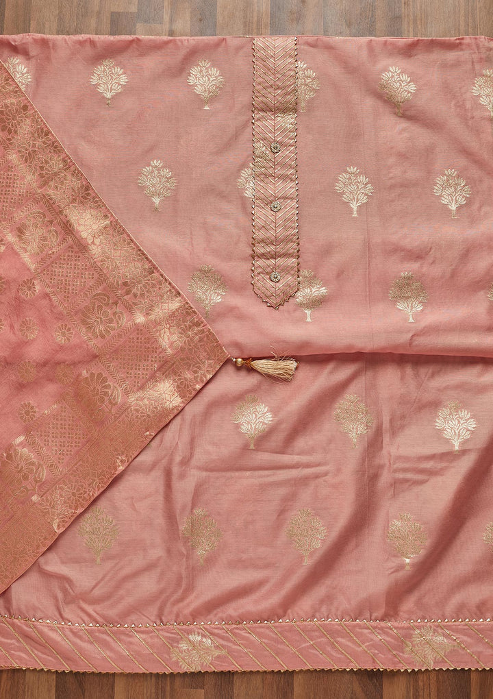 Peach Zariwork Chanderi Unstitched Salwar Suit - Koskii