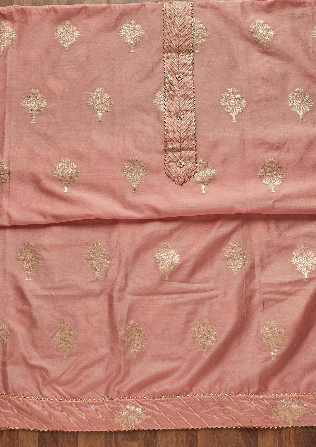 Peach Zariwork Chanderi Unstitched Salwar Suit - Koskii