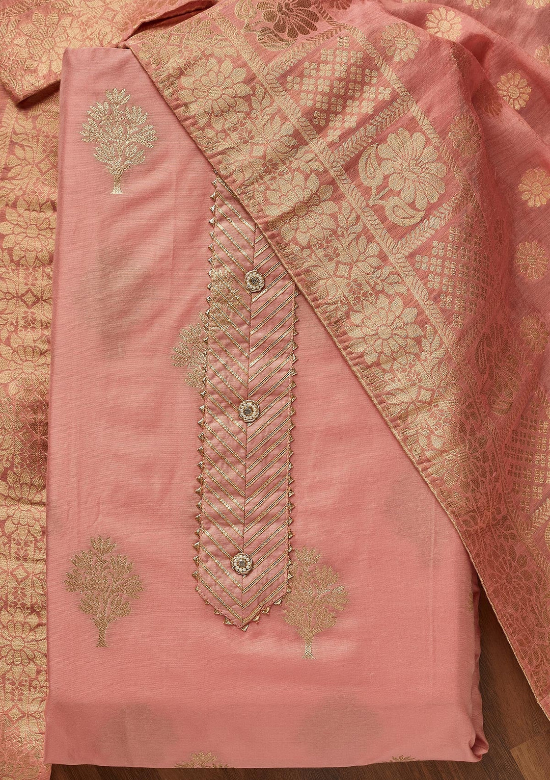Peach Zariwork Chanderi Unstitched Salwar Suit - Koskii