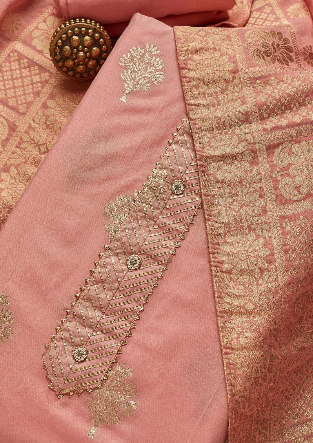 Peach Zariwork Chanderi Unstitched Salwar Suit - Koskii