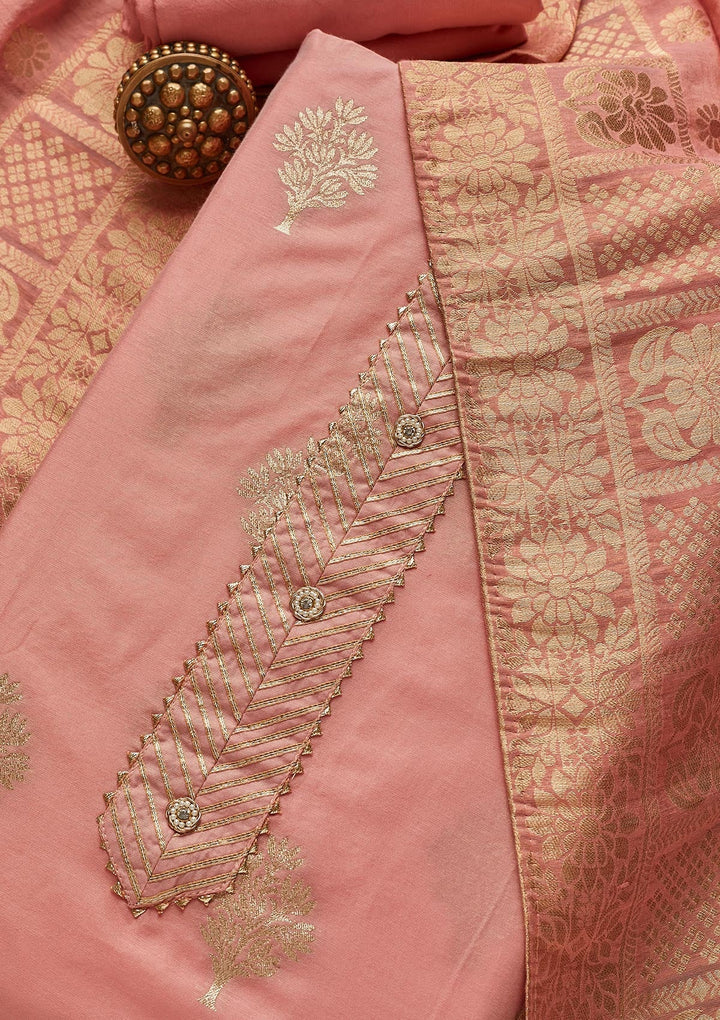 Peach Zariwork Chanderi Unstitched Salwar Suit - Koskii