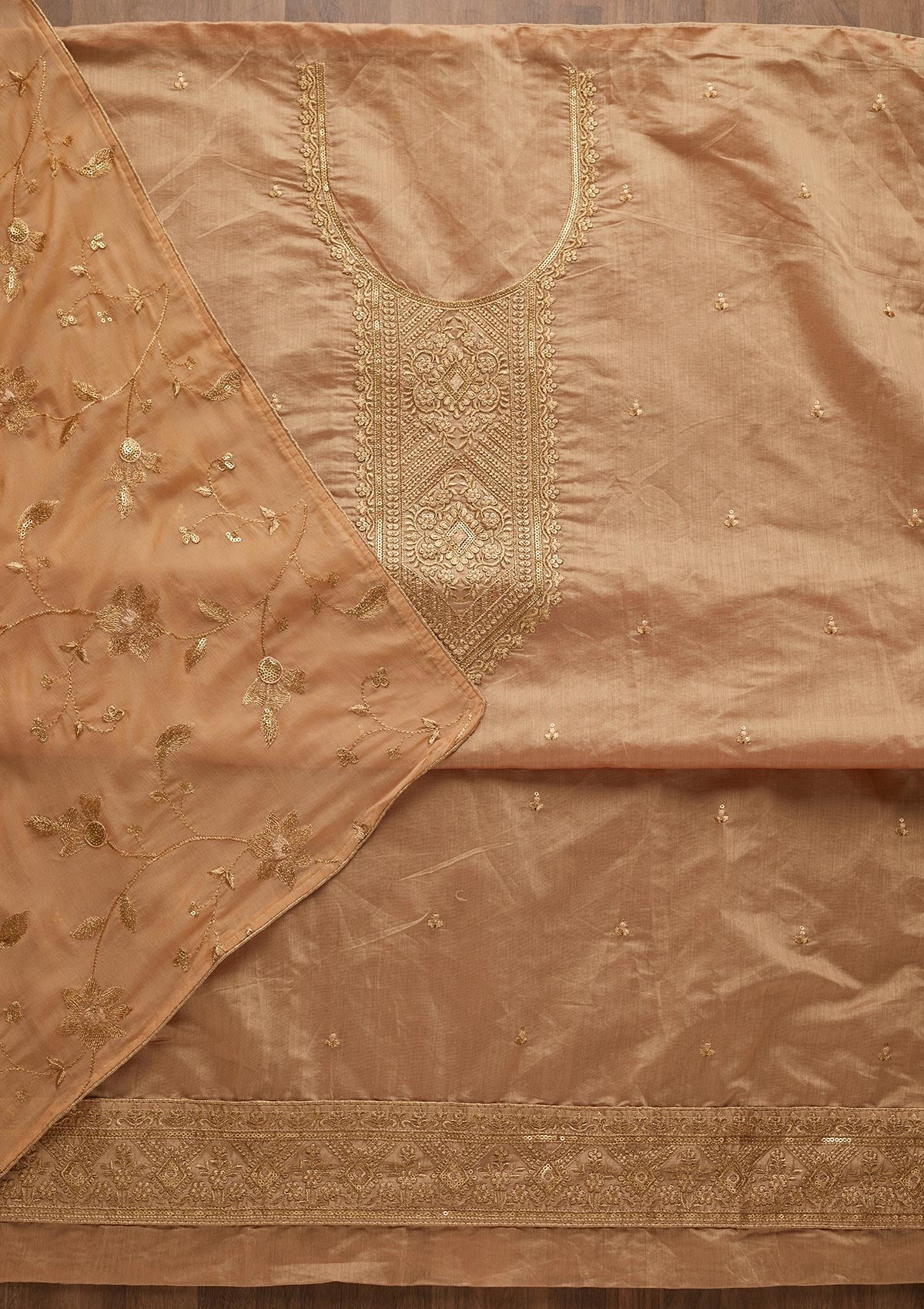 Peach Zariwork Chanderi Unstitched Salwar Suit-Koskii