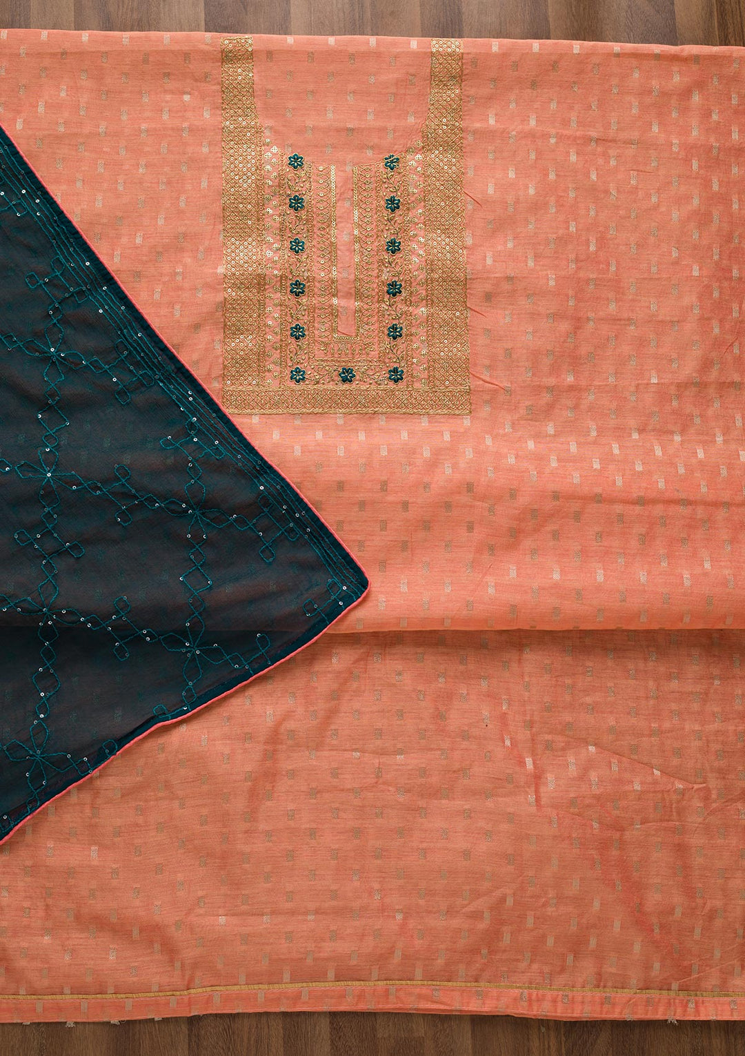 Peach Zariwork Chanderi Unstitched Salwar Suit-Koskii