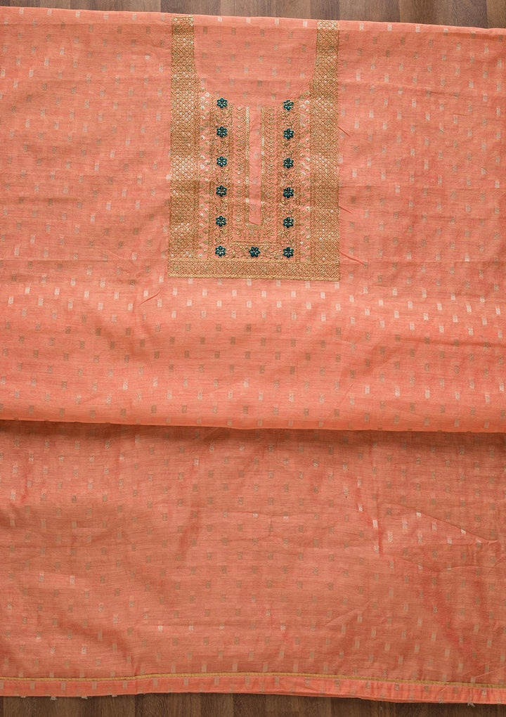 Peach Zariwork Chanderi Unstitched Salwar Suit-Koskii