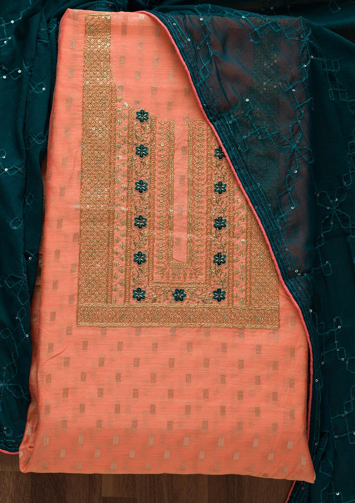 Peach Zariwork Chanderi Unstitched Salwar Suit-Koskii