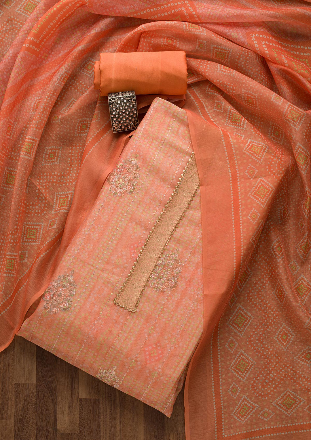 Peach Zariwork Chanderi Unstitched Salwar Suit-Koskii