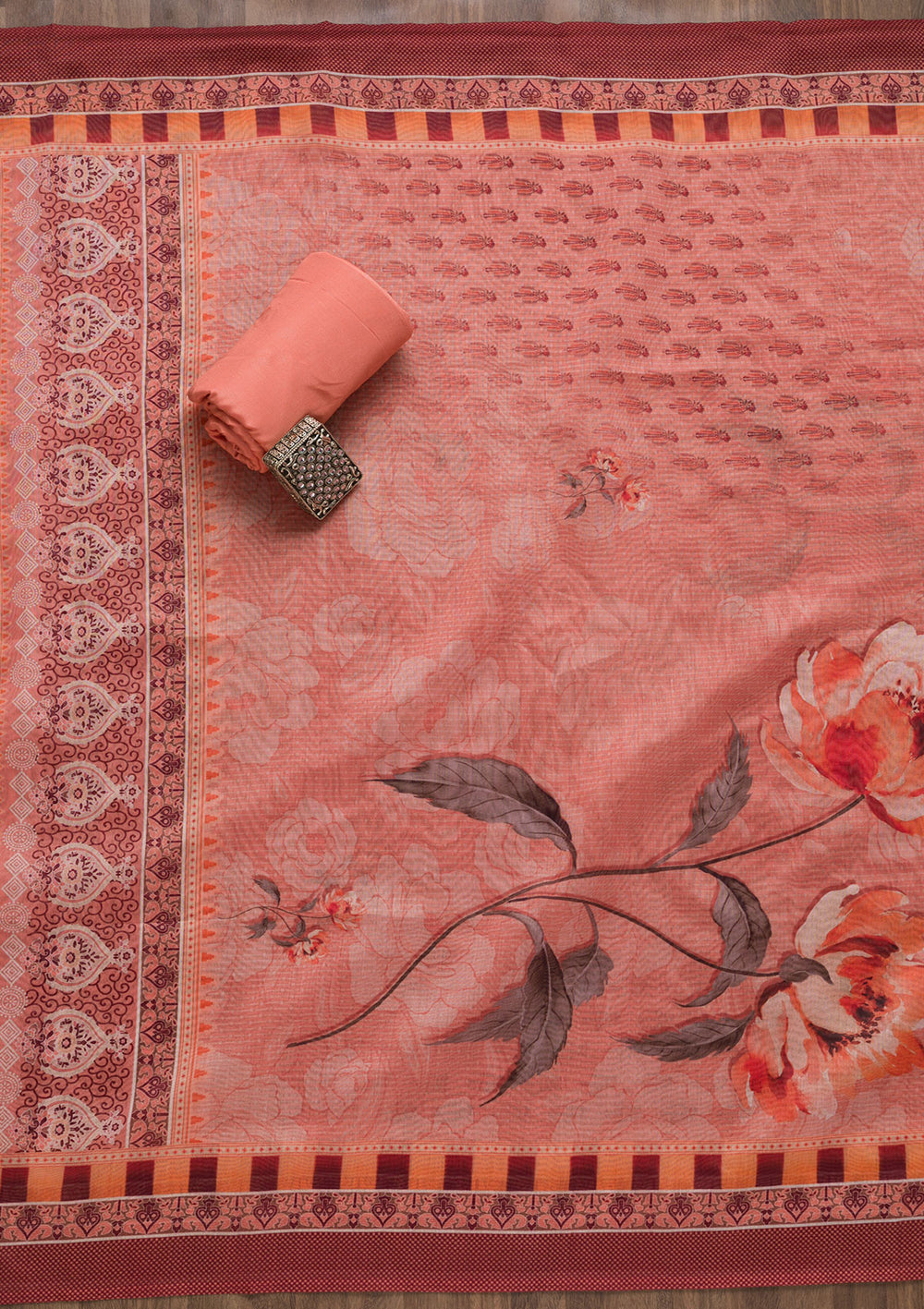 Peach Zariwork Chanderi Unstitched Salwar Suit-Koskii