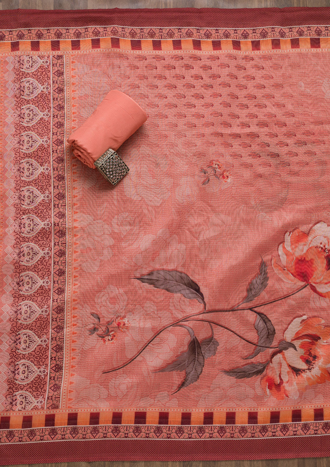 Peach Zariwork Chanderi Unstitched Salwar Suit-Koskii